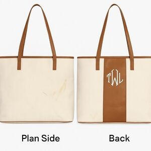 Canvas Tote Bag with Monogram “TWL” – Brown Faux Leather TrimThis item is new